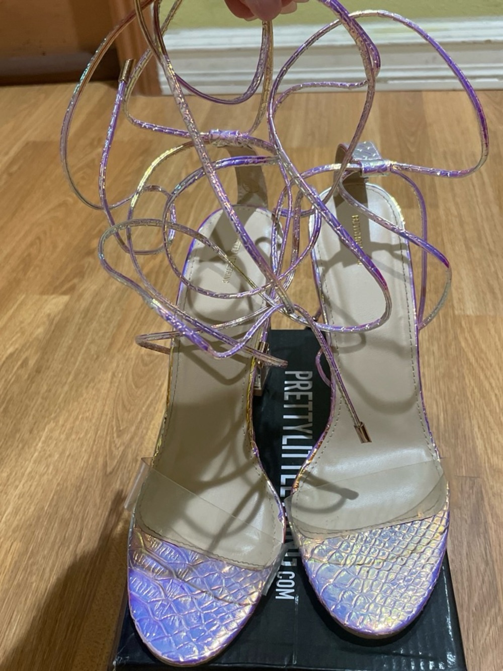 PrettyLittleThing Iridescent Lilac Lace-Up Heeled Sandals